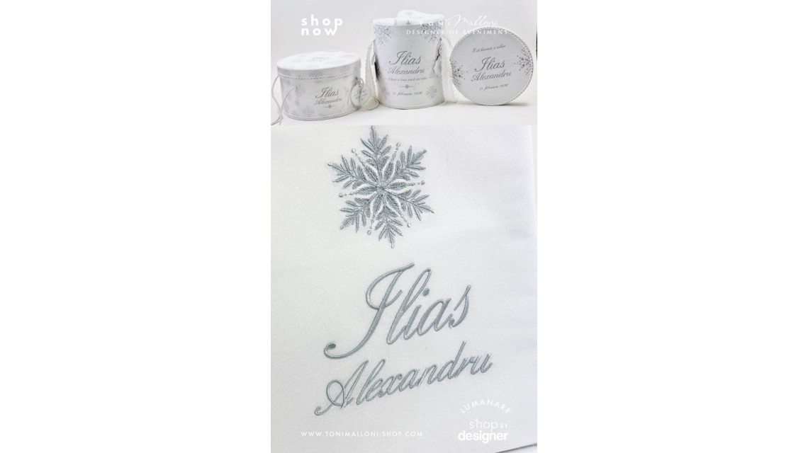 Trusou de botez alb cu gri si dantela bumbac brodata Fulg de Nea 3